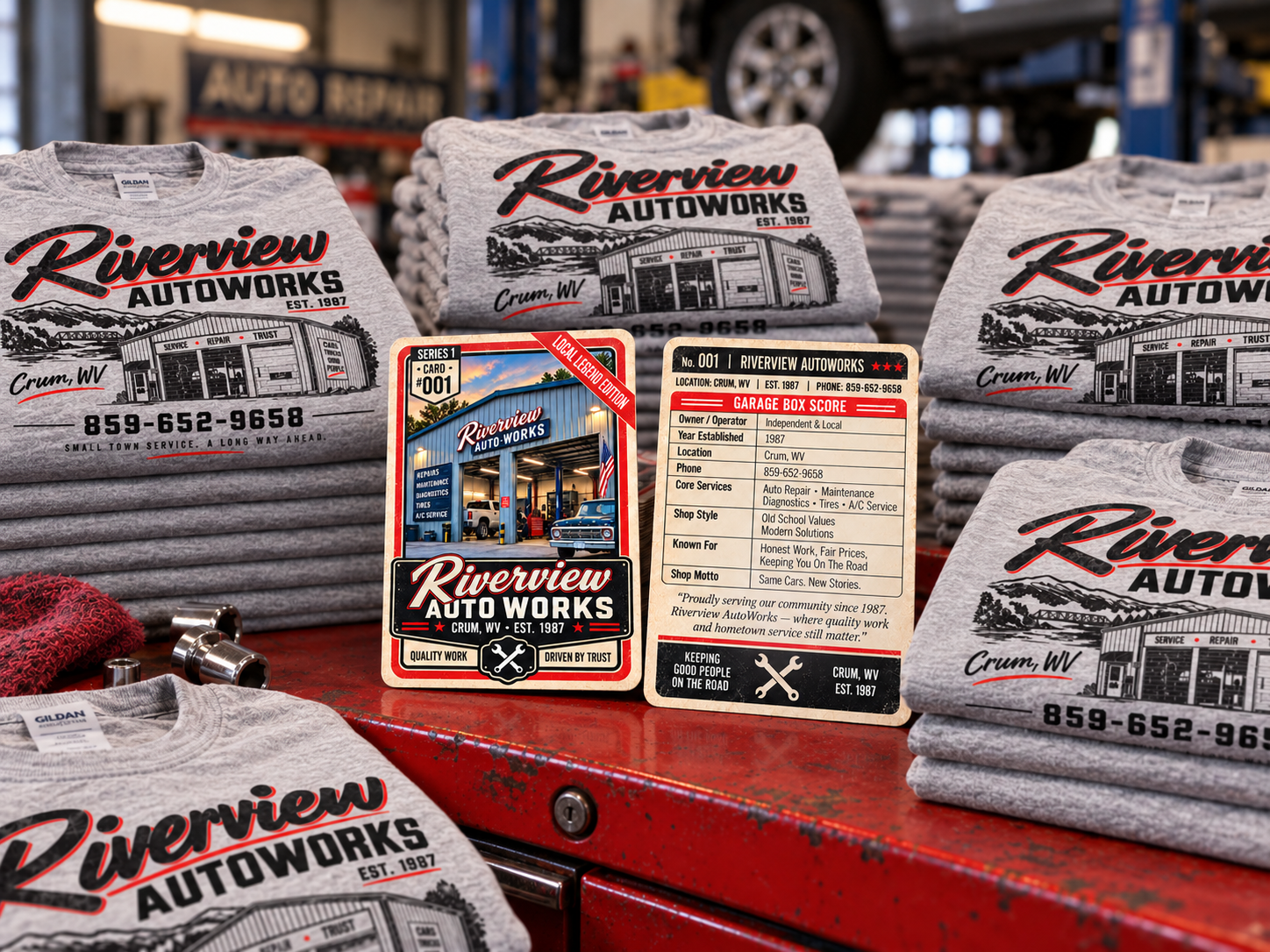 Stacks of shop shirts with the front and back of a collectible garage card