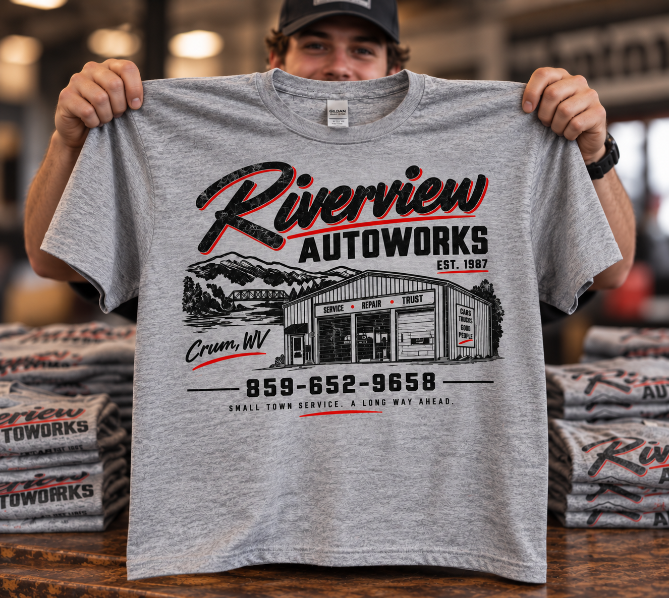 Example Riverview AutoWorks limited-edition shop shirt